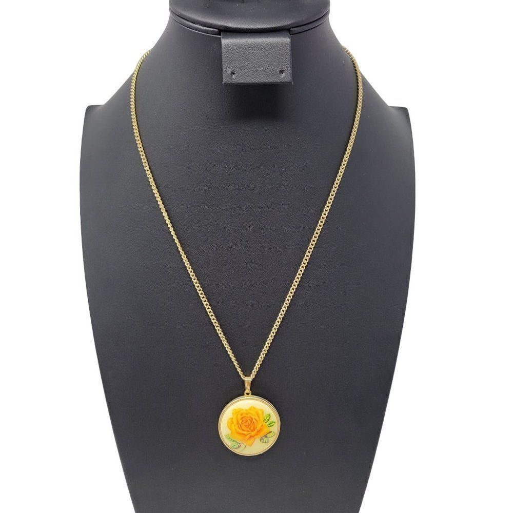Vintage Guilloche‎ Orange Rose Enameled Pendant Locket Necklace Gold Tone 24"